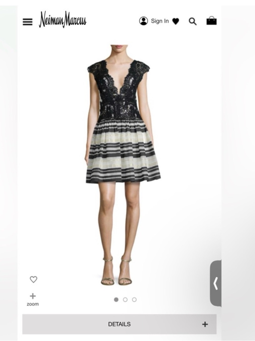 Marchesa Notte Black Lace Bodice Striped Mini Dress